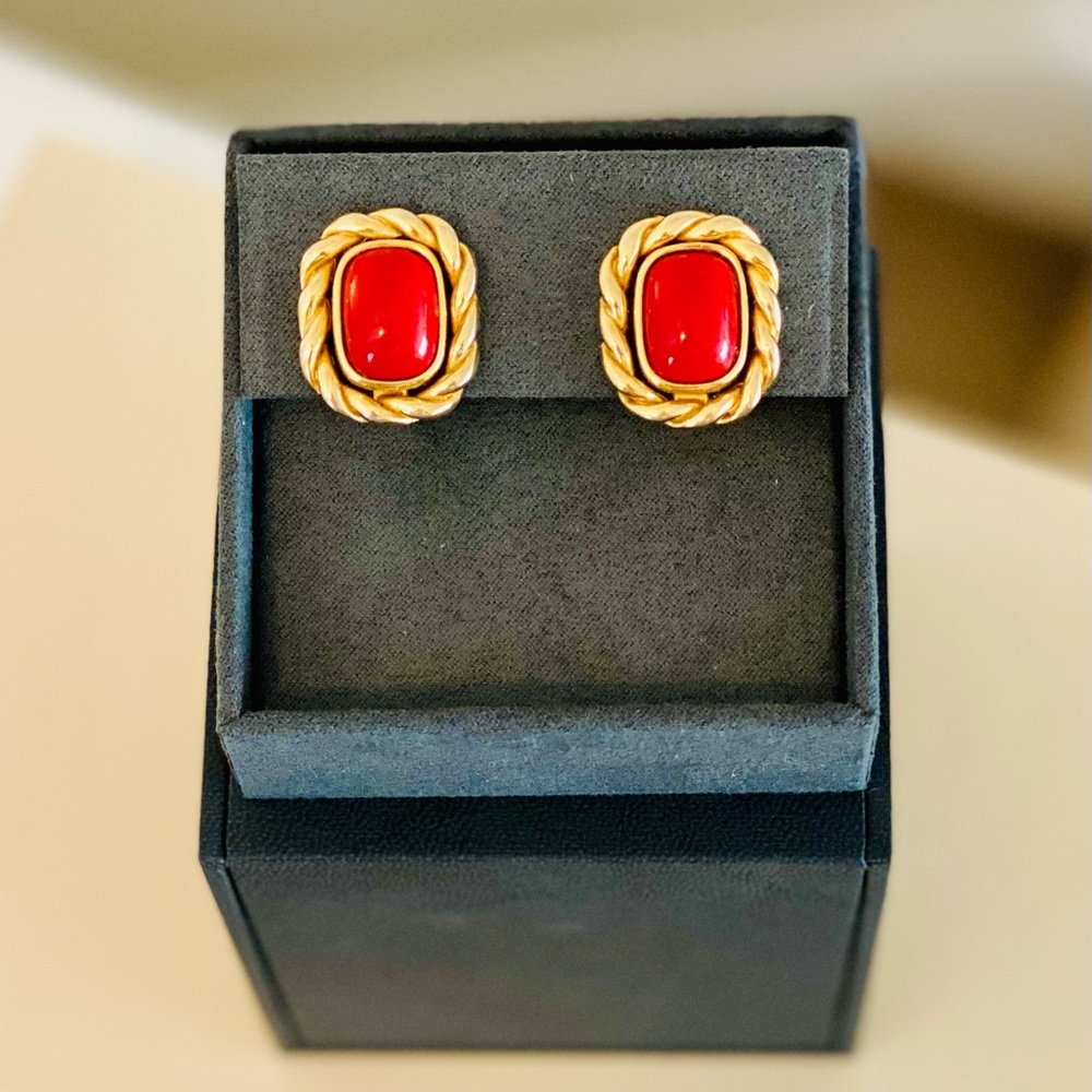 Christian Dior Red Coral Cabochon Clip On Earrings (c.1970s)